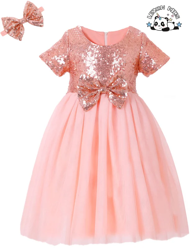 LEZONKIDS - Girls' Sequins Gauze Dress New Style Children's Short Sleeved Flower Children's Dress Princess Bowknot Peng Peng Dress